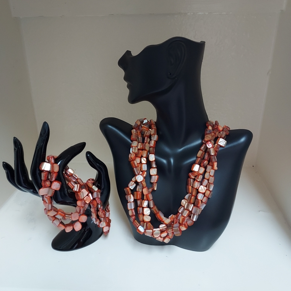 ORANGE CORAL FOUR STRAND BEADED NECKLACE AND BRACELET